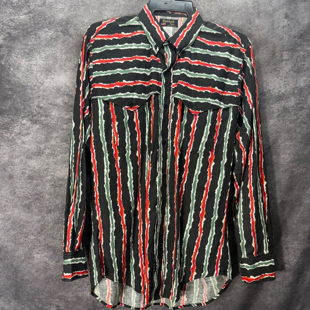 VTG Ruddock Bros Western Shirt Size M Black Red Green Striped Extra Long Tail